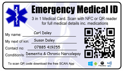 Emergency Medical Identity Wallet Card. NFC RFID and QR Coded.