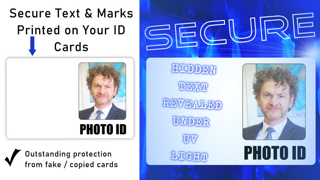 Secure staff ID with invisible text logo mark layer for full security and employee badge authentication under ultraviolet lamp. Armagh, Belfast, Derry, Londonderry, Lisburn and Newry 