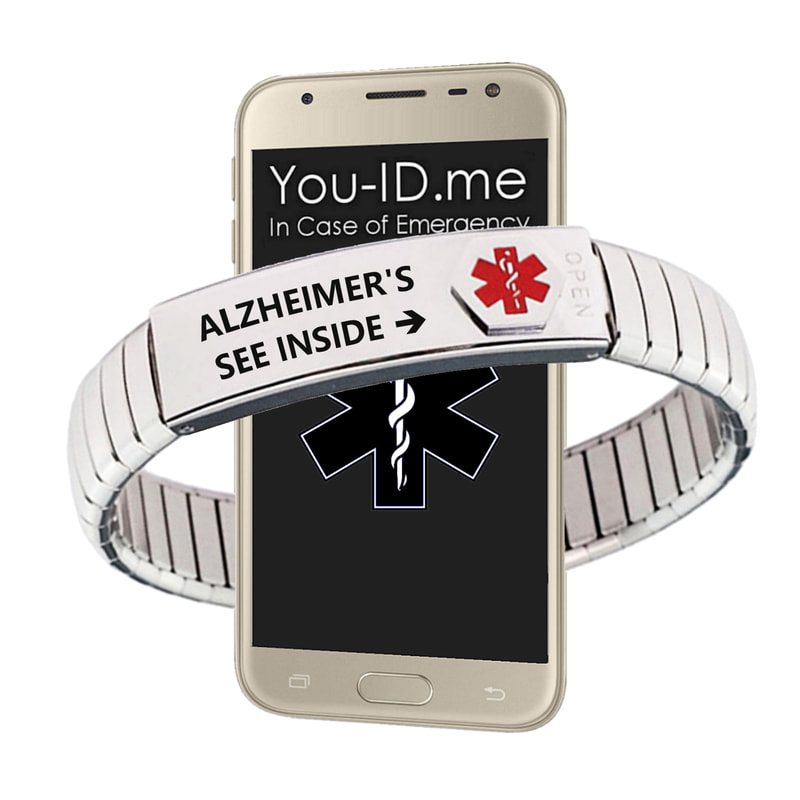 Showing medical ID bracelet for Alzheimer's disease.