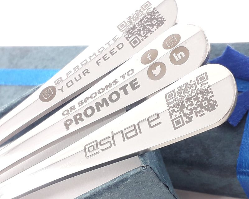Luxury laser engraved business spoons. Qr code, social media and business name. Promote your business with the ultimate useful giveaway. Freebies for businesses.