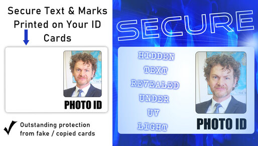 Secure staff ID with invisible text logo mark layer for full security and employee badge authentication under ultraviolet lamp. Aberdeen-Dundee-Edinburgh-Glasgow-Inverness-Perth-Stirling