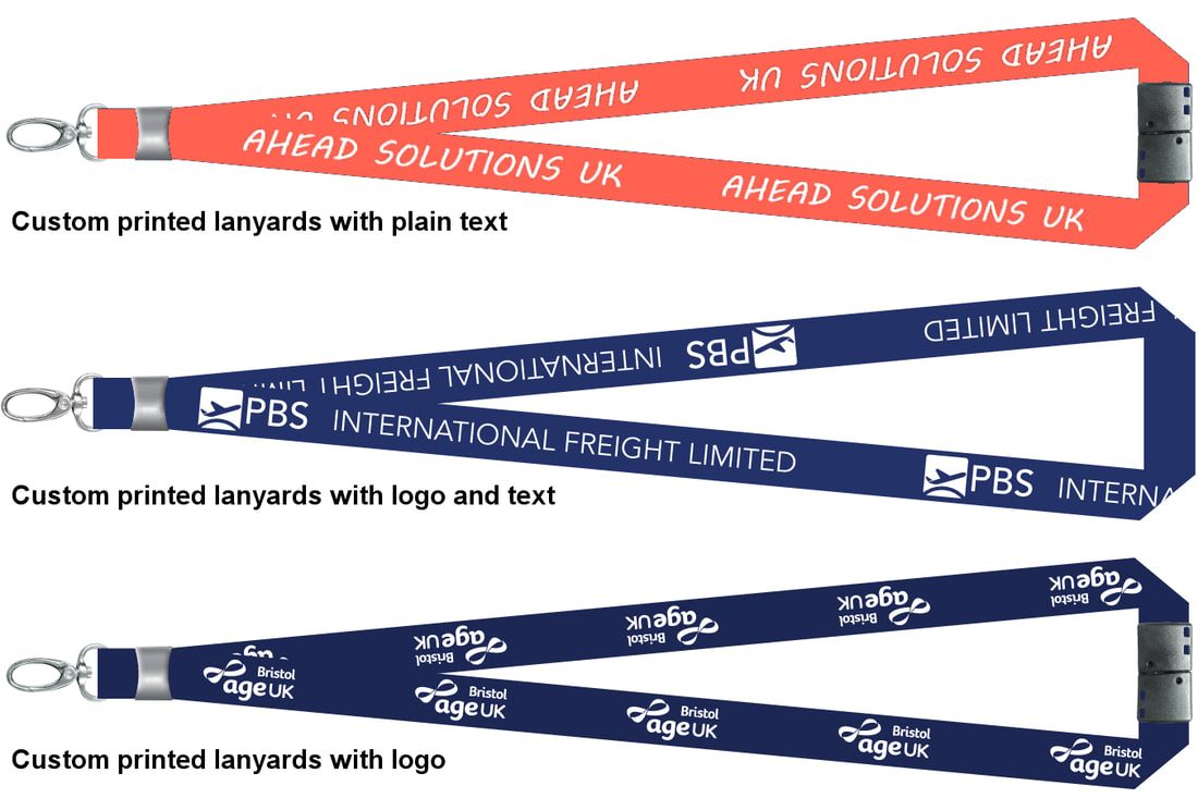 Bradford customisd printed lanyards with company logo and text. Silk, woven, rubber, silicone, long or short. Showing three types of customised lanyard printing that we offer for local delivery. 