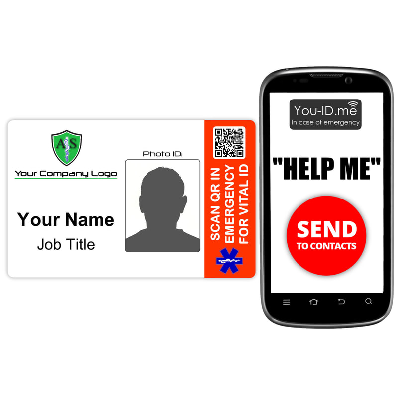 We design and print your employee ID badges. Smart staff ID badge printing gives access to panic button to alert emergency contacts of your location. Sends a Google map of your location.
