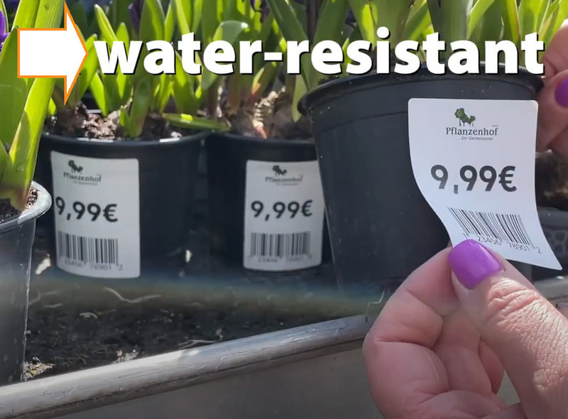 Showing waterproof plant pot labels outside in the rain