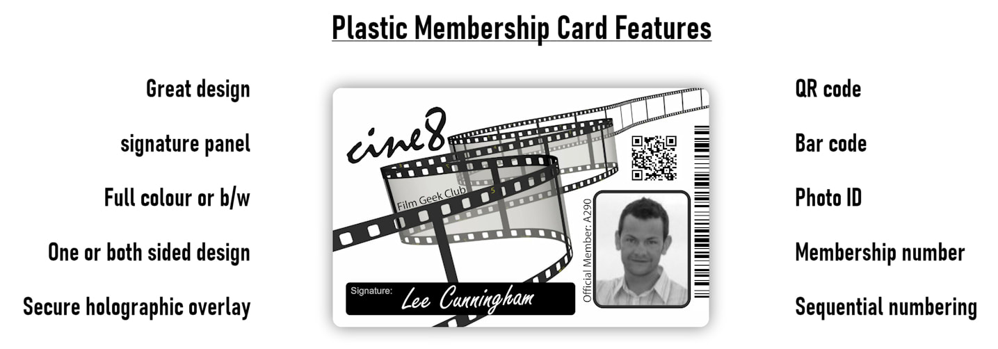 Plastic membership card printing service Edinburgh and badge features infographic