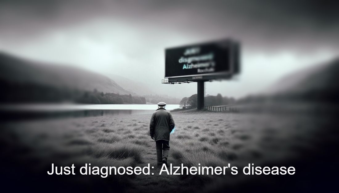 A man in town, recently diagnosed with Alzheimer's disease, is seen walking by himself, deep in thought as he reflects on his diagnosis and seeks local support and assistance.