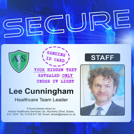 Basildon Secure staff ID with invisible text logo mark layer for full security and employee badge authentication under ultraviolet lamp.