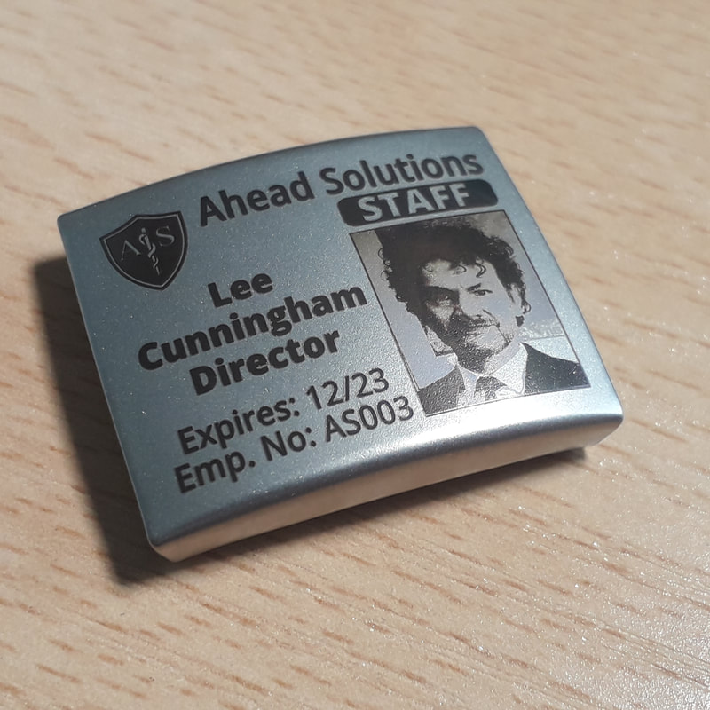 Employee photo identity tag. Engraved  ID tag for watch strap or wrist.