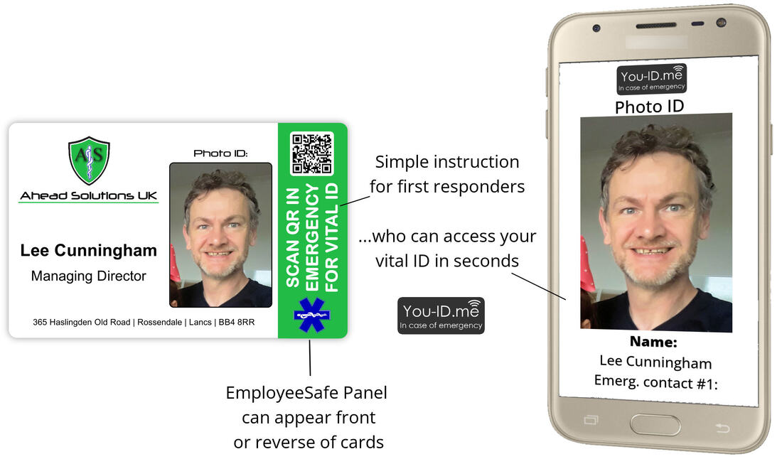 Phone scanning a smart employee ID card. QR code on card reveals the badgeholder's registered vital ID and emergency contact information.