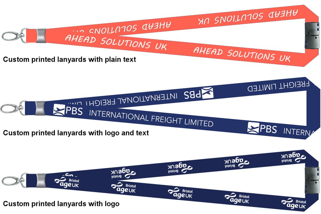 Examples typical found in Rochdale: Three common types of custom lanyards design.  Printed with logo and text. Premium quality, cheapest price and free local delivery. 