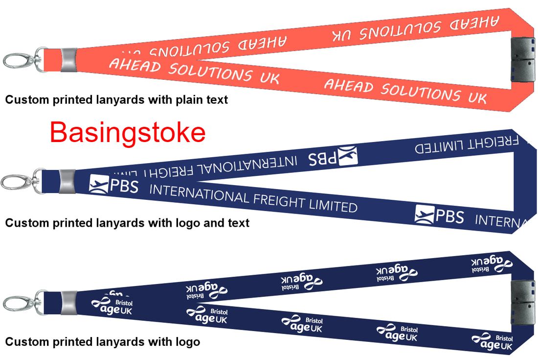 Examples typical found in Basingstoke: Three common types of custom lanyards design.  Printed with logo and text. Premium quality, cheapest price and free local delivery. 