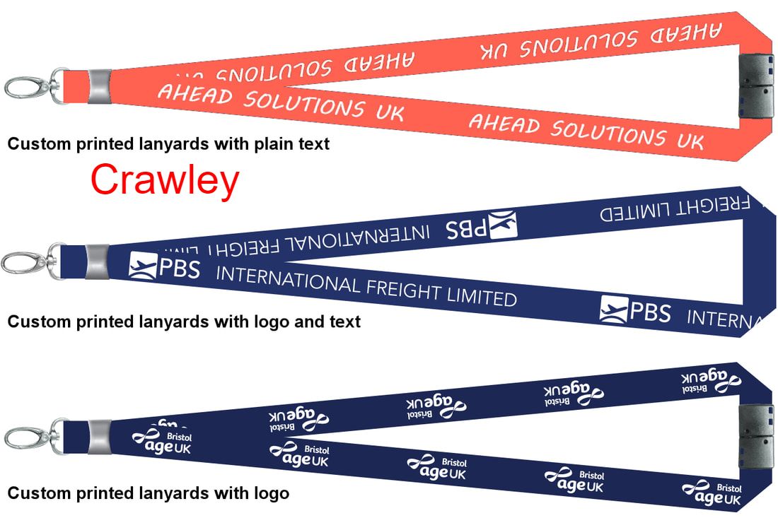 Examples typical found in Crawley: Three common types of custom lanyards design.  Printed with logo and text. Premium quality, cheapest price and free local delivery. 