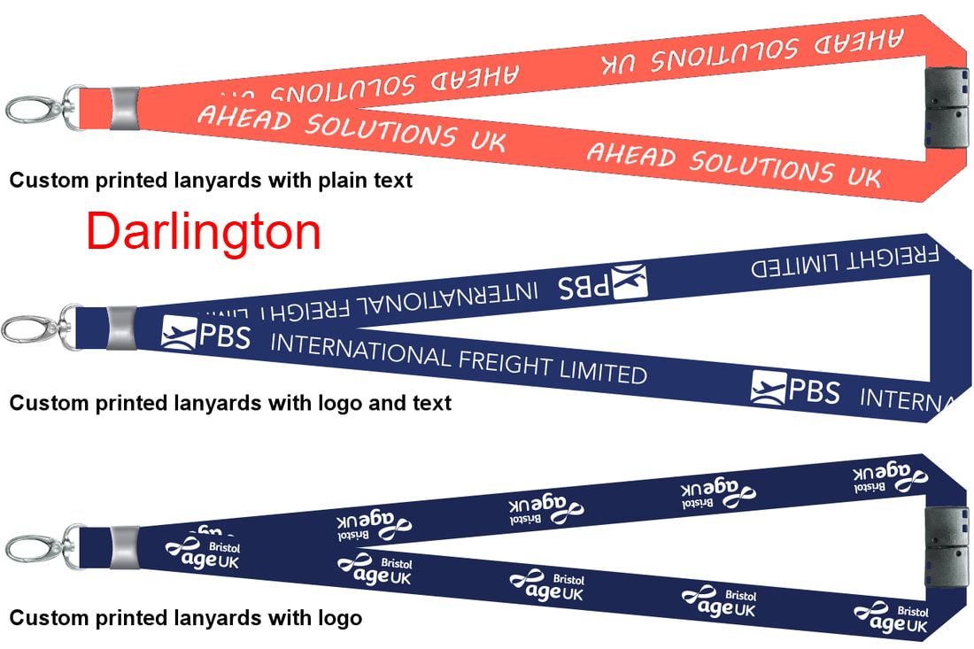 Examples typical found in TOWN: Three common types of custom lanyards design.  Printed with logo and text. Premium quality, cheapest price and free local delivery. 