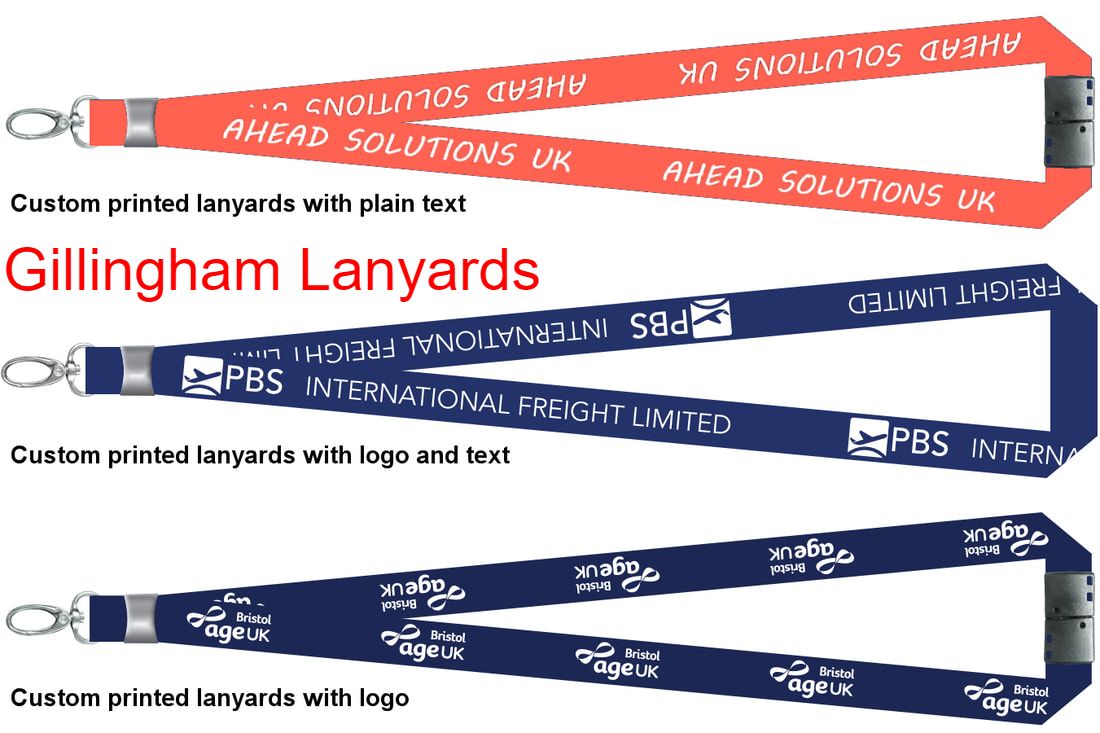 Examples typical found in Gillingham: Three common types of custom lanyards design.  Printed with logo and text. Premium quality, cheapest price and free local delivery. 