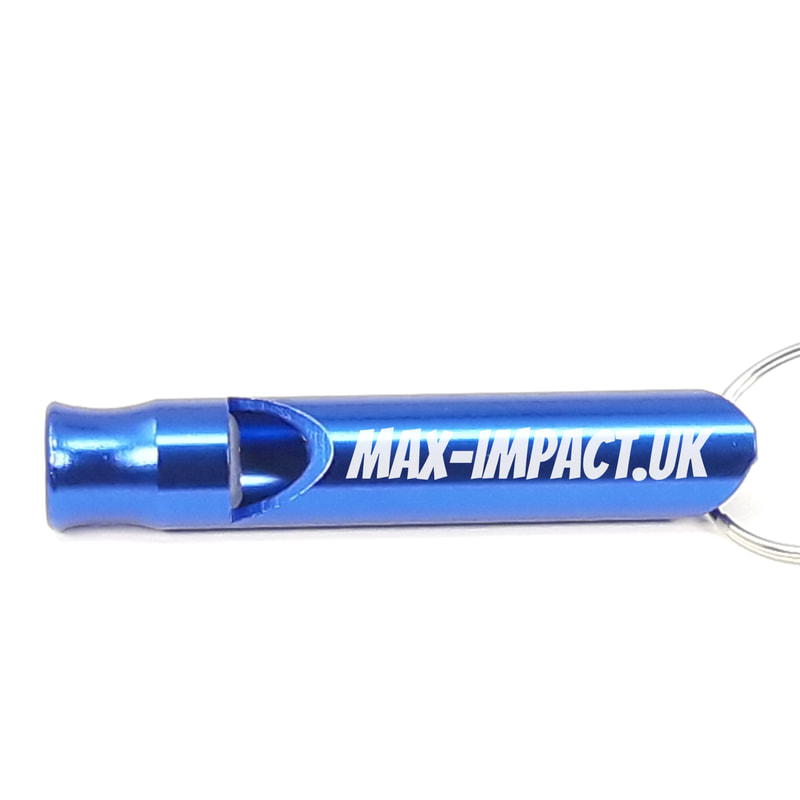 Example of personalised engraving on safety whistle for brand awareness, promotion, business, trade show, exhibition, giveaways, freebies, incentives, free gifts