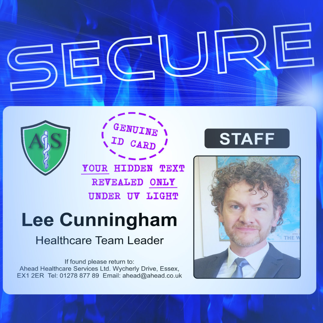 Tyneside Secure staff ID with invisible text logo mark layer for full security and employee badge authentication under ultraviolet lamp.