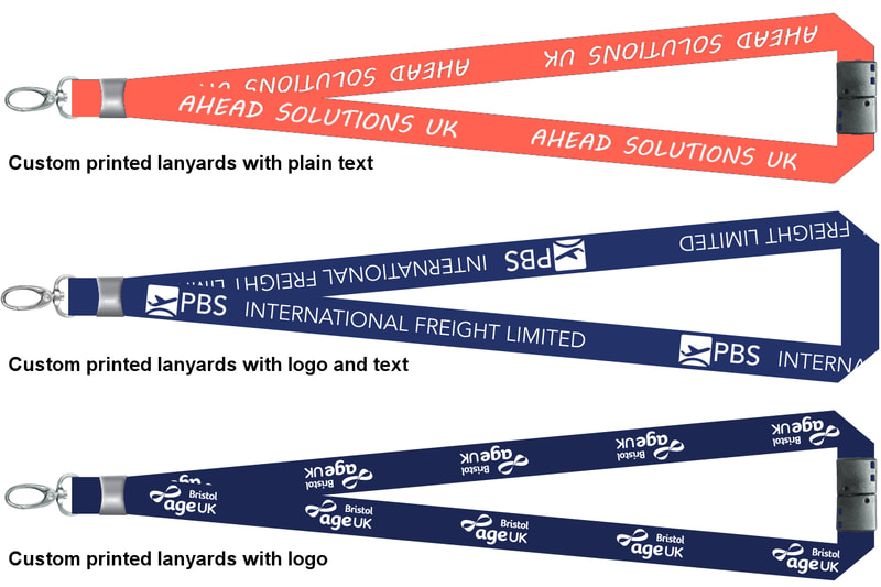 London local supplier of custom printed lanyards with company logo and text. Showing three types of customised lanyard printing that we offer for local delivery. 