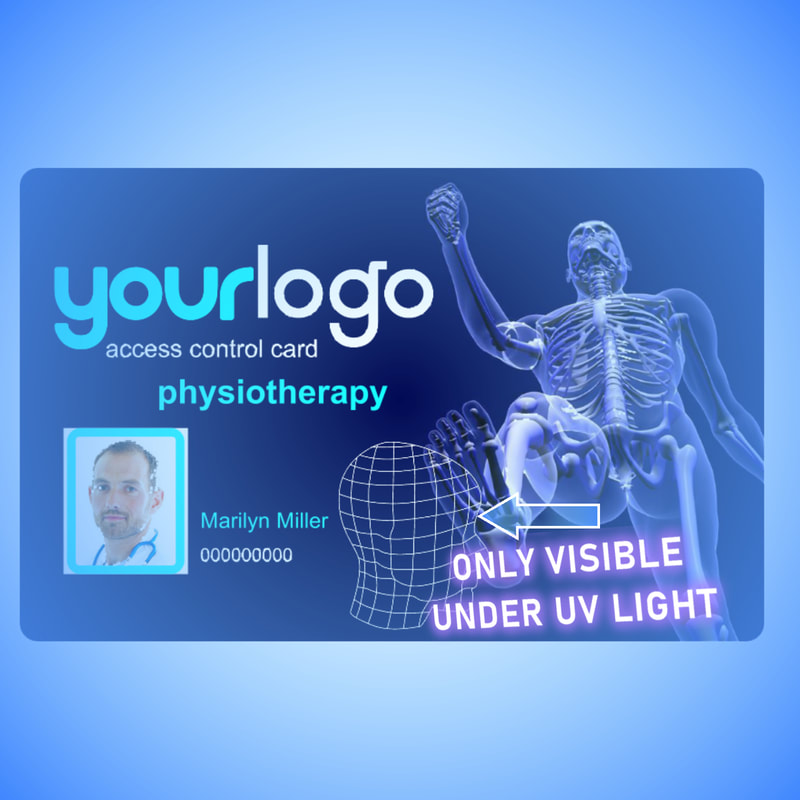 Employee ID cards with hidden text and graphics that only show up under UV lamp.